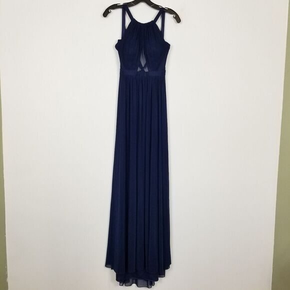 La Femme Women Keyhole Elegant Formal Gown Sz 4 Navy Chiffon Open Back Event - Picture 2 of 8